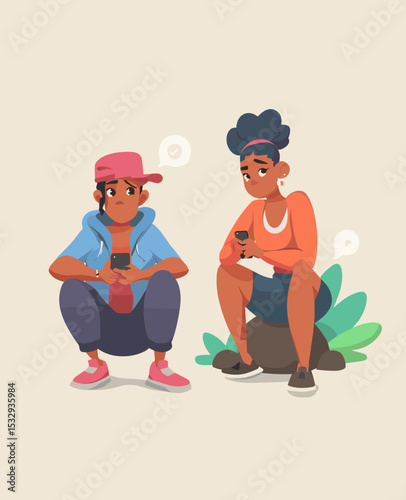 Connected Souls: Two individuals, engrossed in their phones. Expressing the modern world's digital connections, and the shared experience of communication, ideas, and emotions.