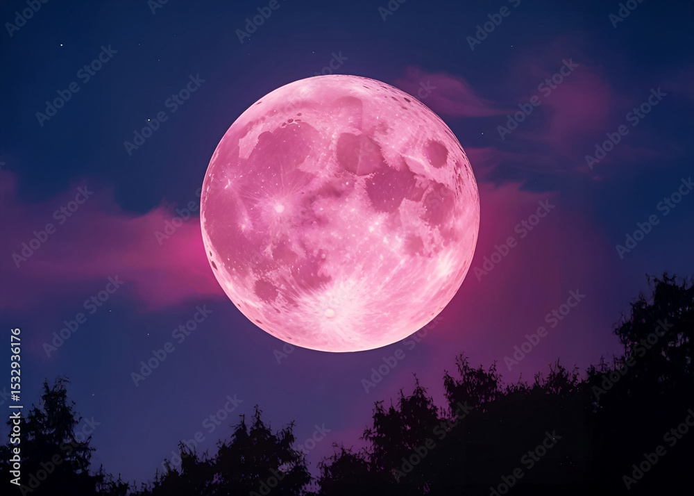 Obraz premium Vibrant pink moon with hazy edges and crater details dominates the night sky. A lone gnarled oak tree silhouettes against it on a softly sloped hill, creating a surreal and moody scene.