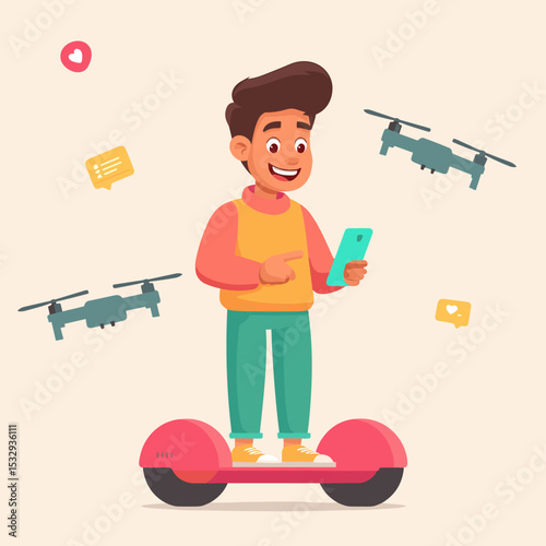 Hoverboard and Drone Fun: A joyful boy, hovering effortlessly on his hoverboard, skillfully directs his drone with a tablet in his hand.