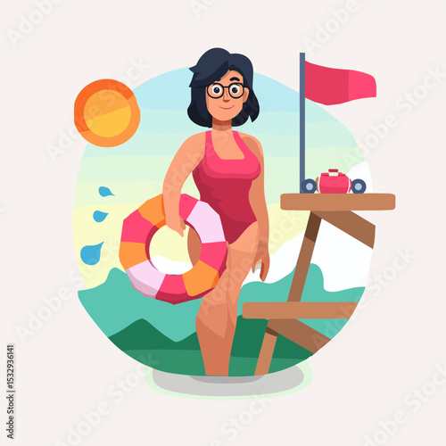 Lifeguard's Day: A lifeguard, in a bright swimsuit, stands ready beside a lifeguard stand, holding a lifebuoy. The scene evokes a sense of summer safety.
