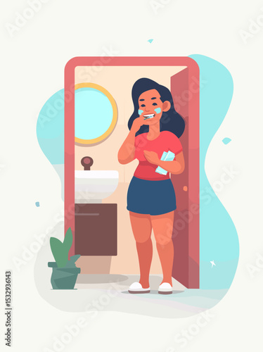 Morning Ritual: A young woman stands in a doorway, engaging in her morning oral hygiene routine, showcasing the simple yet essential self-care of daily life.