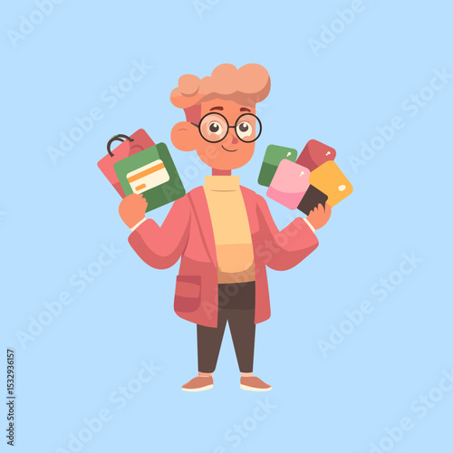 Shopping Spree Delight: A young man, styled in vibrant colors, holds an array of shopping bags and cards, showcasing a joyful experience.