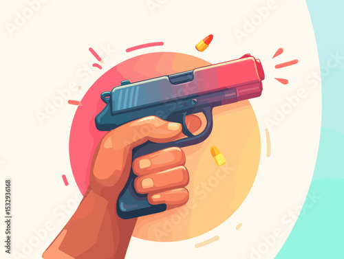 Hand holding Gun: A person's hand firmly grasps a semi-automatic handgun, the weapon pointed, possibly in a moment of intensity. The illustration has a dynamic cartoonish style with bullets flying.