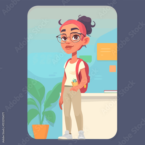 Stylish Student in a Study Spot: A fashionable student with glasses stands confidently in a clean, brightly lit study spot. She is a symbol of preparedness and intelligence.