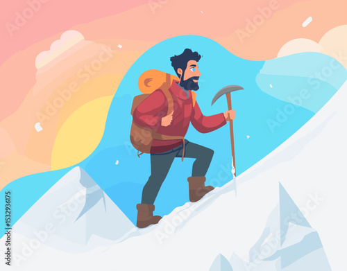 Ascent to New Heights: An adventurer conquers a snow-capped peak, embodying perseverance and a spirit of exploration.