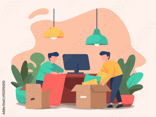 Office Collaboration: Two individuals collaborate on office relocation, the image depicts a blend of teamwork, office, relocation, moving, packing, work environment, assistance, modern illustration.