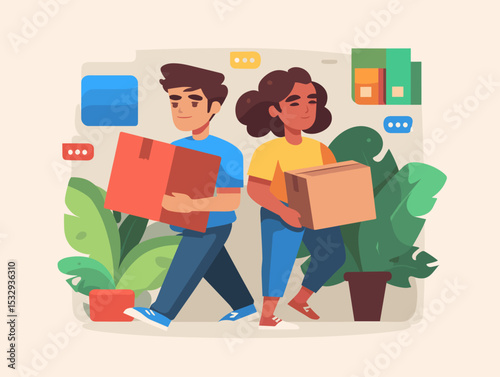 Moving Day Partnership: Two individuals work in unison, carrying cardboard boxes symbolizing transition and new beginnings, amidst an illustration of modern living.