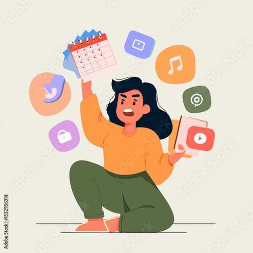 Organized multitasking woman juggling calendar and application icons: A dynamic illustration showcasing a focused woman orchestrating diverse tasks by juggling calendar, application.