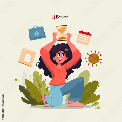 Time Management Chaos: An expressive individual navigates a whirlwind of responsibilities, juggling time, tasks, and uncertainty, embodying the struggles and challenges of modern life.