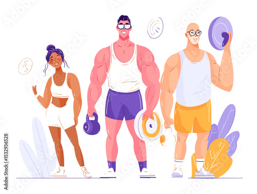 Fitness Group Illustration: A diverse group of people—a muscular man, a fit woman, and an older man—stand confidently, showcasing their fitness and strength with weights.