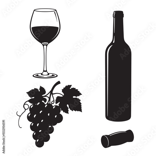 Elegant black and white wine elements silhouette illustration for wine themes and design projects