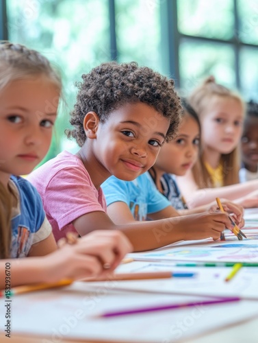 Diverse children engaged in creative art activity at library table