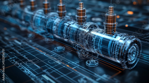 Transparent pipeline on blueprint with digital overlay