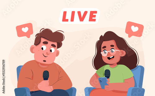 Live Stream Interview: Two cheerful young people engage in a lively online interview, one holding a microphone while the other interacts via a smartphone.