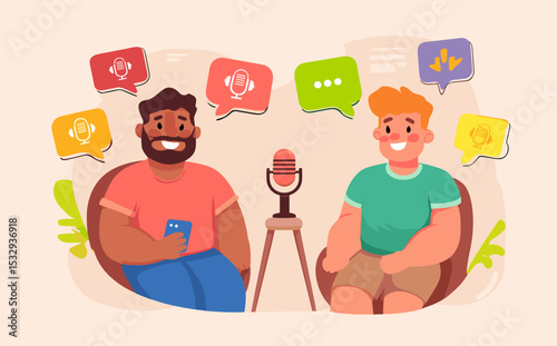 Podcast Discussion: Two individuals, set against a simple background, engage in a vibrant podcast recording session, fostering communication, ideas, and entertainment.