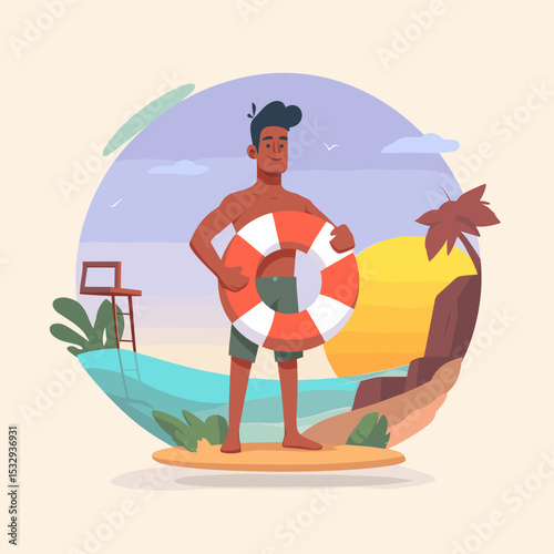 Lifeguard on Duty: A cartoon illustration features a lifeguard standing confidently on a beach, holding a life preserver, ready to ensure safety and security.