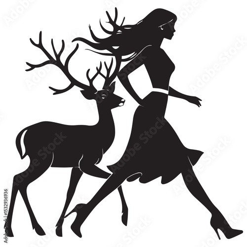Silhouette of a woman walking with a deer