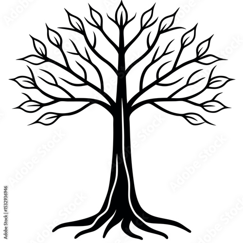 Black Silhouette Beech Tree Trunk Curved Base Roots Leaves