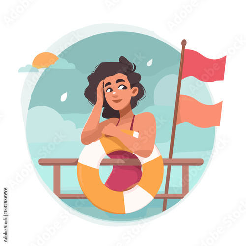 Beach Life Guard: A smiling lifeguard watches over the calm blue ocean and flags, with an inflatable ring nearby.  Capturing the tranquility of beach life.