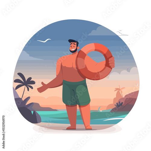 Beach Ready: A smiling man stands on a sunny beach, holding a life preserver. The scene encapsulates the essence of relaxation and safety, promising a delightful coastal experience.