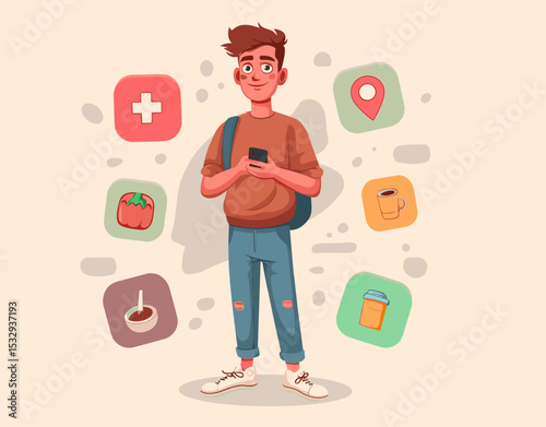 A Day in the Life of a Modern Teen: The young man, a trendy teen, immersed in the world of mobile technology, surrounded by lifestyle app icons, embodies the essence of contemporary life.