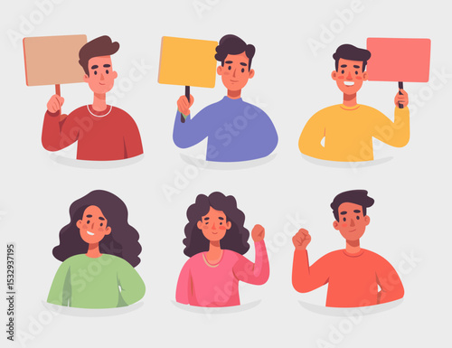 Unison of Voices: A diverse group of people united by purpose, raising signs and fists with determination, symbolizing solidarity and collective action for a better future.