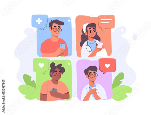 Telemedicine Communication: An illustration capturing the essence of telemedicine, with individuals and healthcare providers connecting through digital devices for remote consultations. 