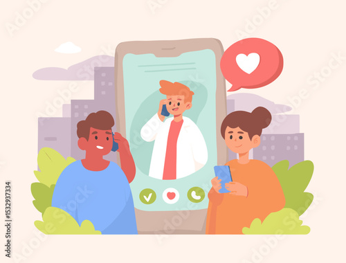 Digital Health Communication: A contemporary graphic portraying a physician on a smartphone screen, engaged in a telemedicine call with two patients.