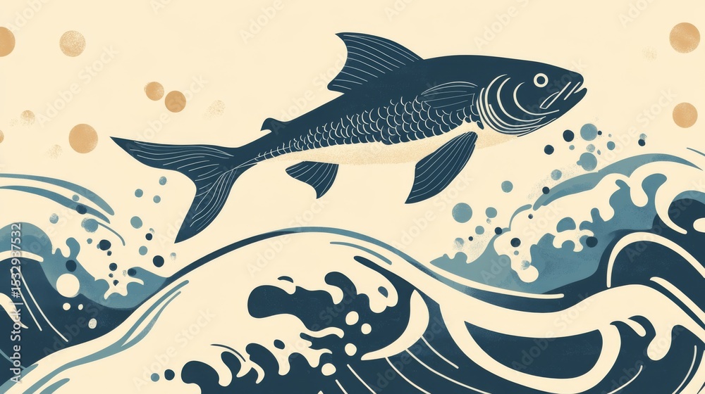 Obraz premium A stylized fish leaps above ocean waves. The design emphasizes fishing as a hobby and sport, showcasing dynamic movement and aquatic elements.