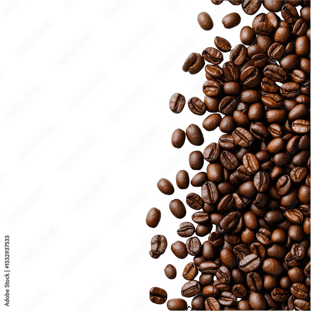 Obraz premium Close-up of coffee beans scattered on white background, highlighting texture and rich brown tones.