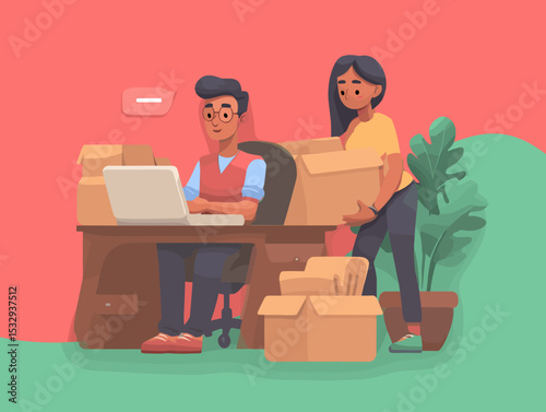 Digital Workspace Partnership: A vivid illustration portrays two figures engaged in collaborative work within a contemporary digital workspace, highlighting teamwork and business.