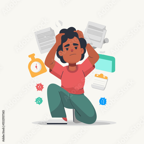 Overwhelmed: A illustration capturing the weight of stress and the burden of a difficult situation, as the individual attempts to remain resolute amidst the chaos.