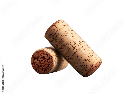 Close-up of two wine corks on white background, showcasing texture and detail, perfect for wine-related themes.