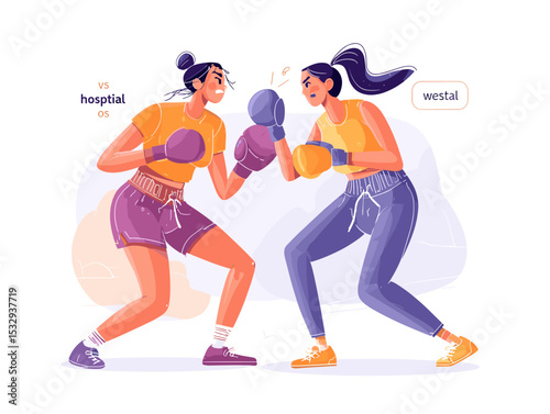 Duel of Champions: Two determined women engage in a dynamic boxing match, their focused expressions revealing intense competition and athletic prowess.