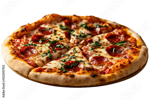 Delicious pepperoni pizza, freshly baked, cheese, basil.