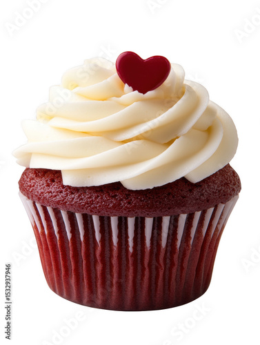Delicious red velvet cupcake topped with rich creamy frosting and a red heart decor.