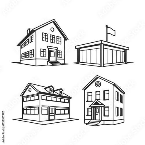 Simple Line Drawings of Buildings House, School, and Modern Structure Illustrations