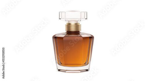 Elegant perfume bottle with amber liquid, isolated on white, showcasing luxury and sophistication.