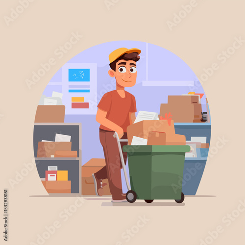 Delivery in progress: A dedicated postal worker transports a brimming cart of packages, embodying commitment in the fulfillment of duties within the heart of the post office.
