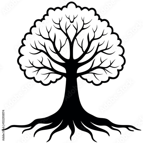 Black Silhouette Tree with Exposed Roots white