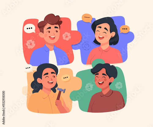 Teamwork Connection: Illustration of four people connecting with puzzle pieces, symbolizing collaboration and communication.