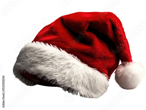 Festive red Santa hat with white fur trim on an isolated background, symbolizing holiday cheer and Christmas spirit.