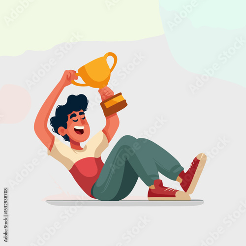 Trophy Winner Joy: A cheerful cartoon man triumphantly hoists a golden trophy.