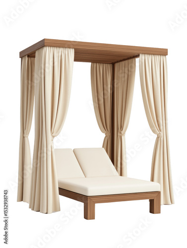 Luxurious resort-style canopy bed with curtains, perfect for relaxation and outdoor elegance.