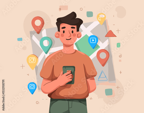Exploring Directions and Connections: A young adult navigates with mobile phone amidst map pins and symbols, representing travel, digital marketing.