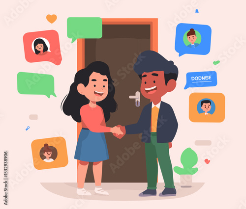 New Business Relationship: Two figures sealing a deal, surrounded by speech bubbles and social media avatars, depicting the fusion of traditional interaction and digital communication.