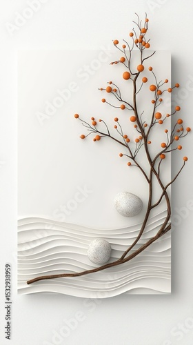 Minimalist Orange Branch and White Pebbles on Sand Abstract Artwork