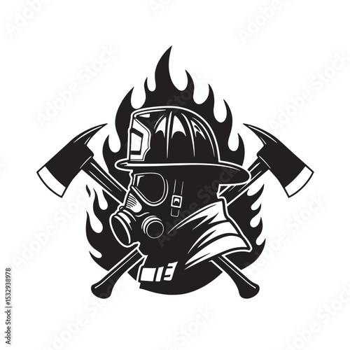 Firefighter emblem illustrating helmet respirator axes flames and courage