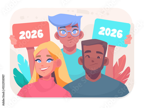 Envisioning 2026: A group of people holding sign for the year 2026, with a optimistic outlook on the future.