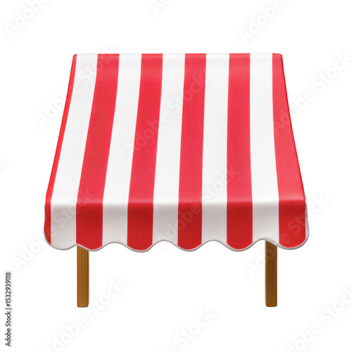 Red and white striped awning, classic market stall design, isolated on black background. Ideal for retail, summer, or festival themes.
